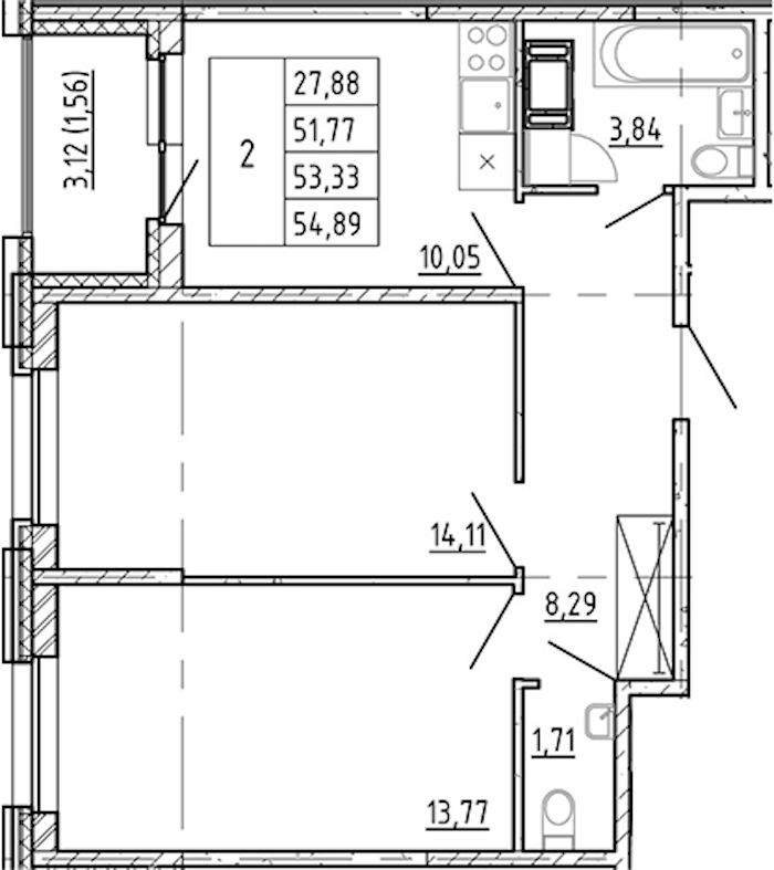 2-комнатная квартира 51.77 м², 10/12 эт., ЖК «Полис Новоселье»